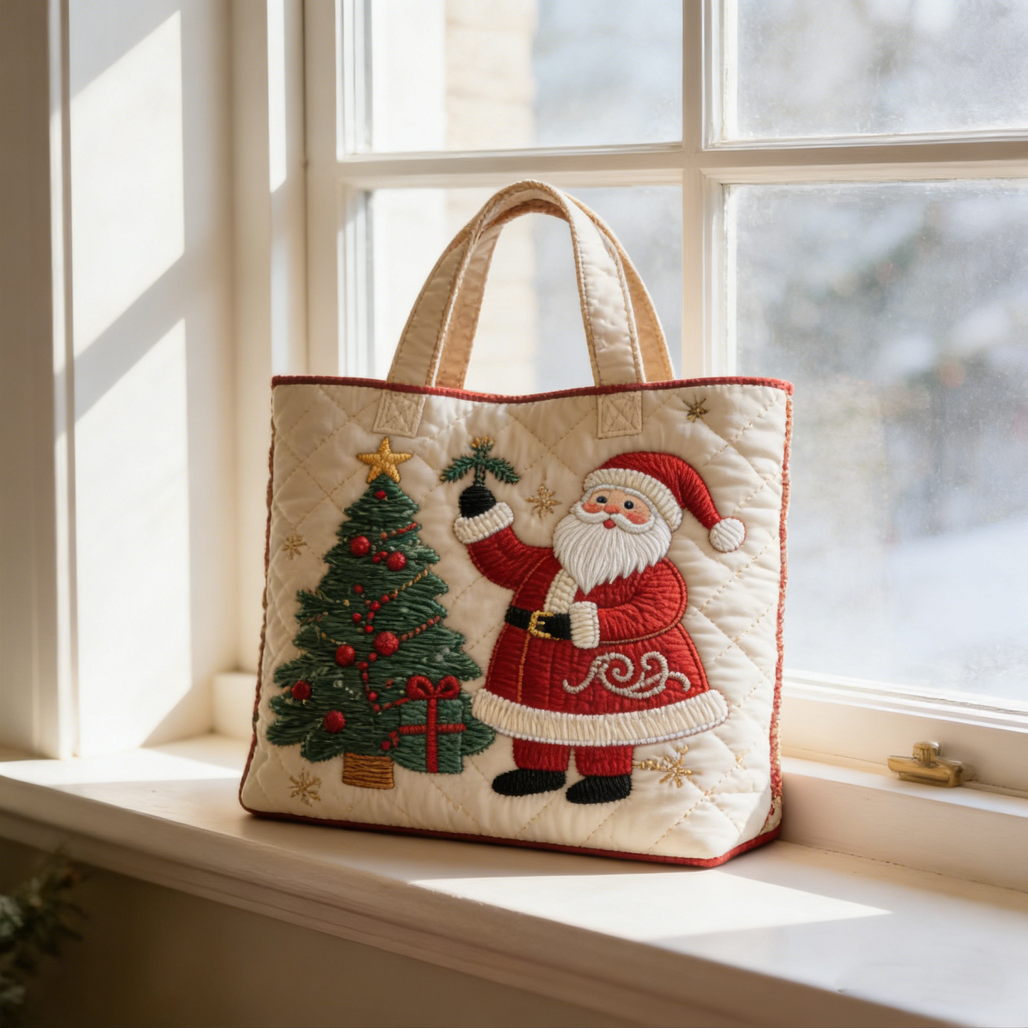 Quilted Santa & Christmas Tree Tote bag: Festive Embroidered Style for Holiday Days