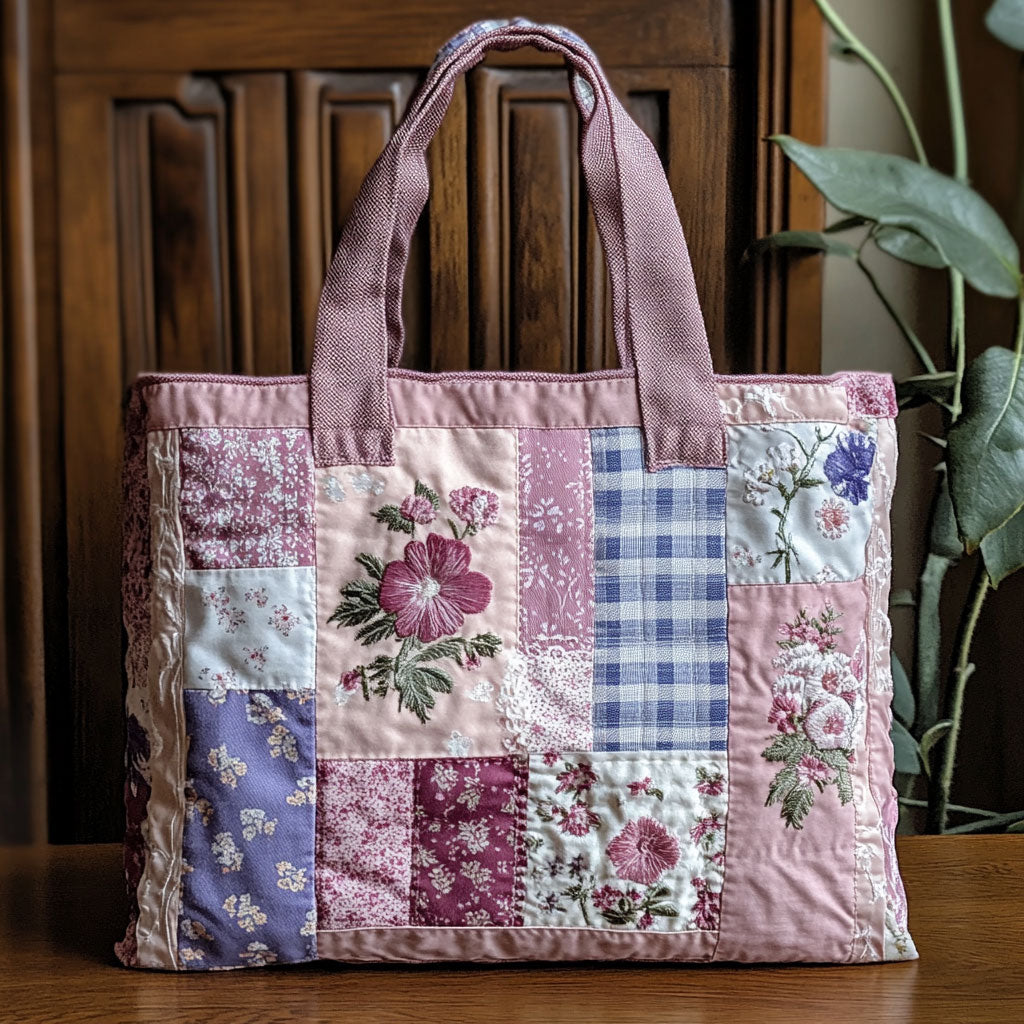 Vintage Patchwork Bloom Quilted Tote Bag botanical print