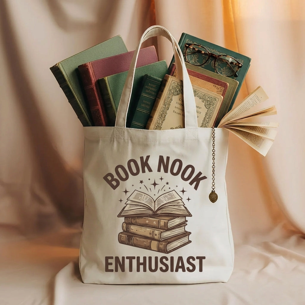 Vintage 'Book Nook Enthusiast' for Book Lovers Canvas Tote Bag