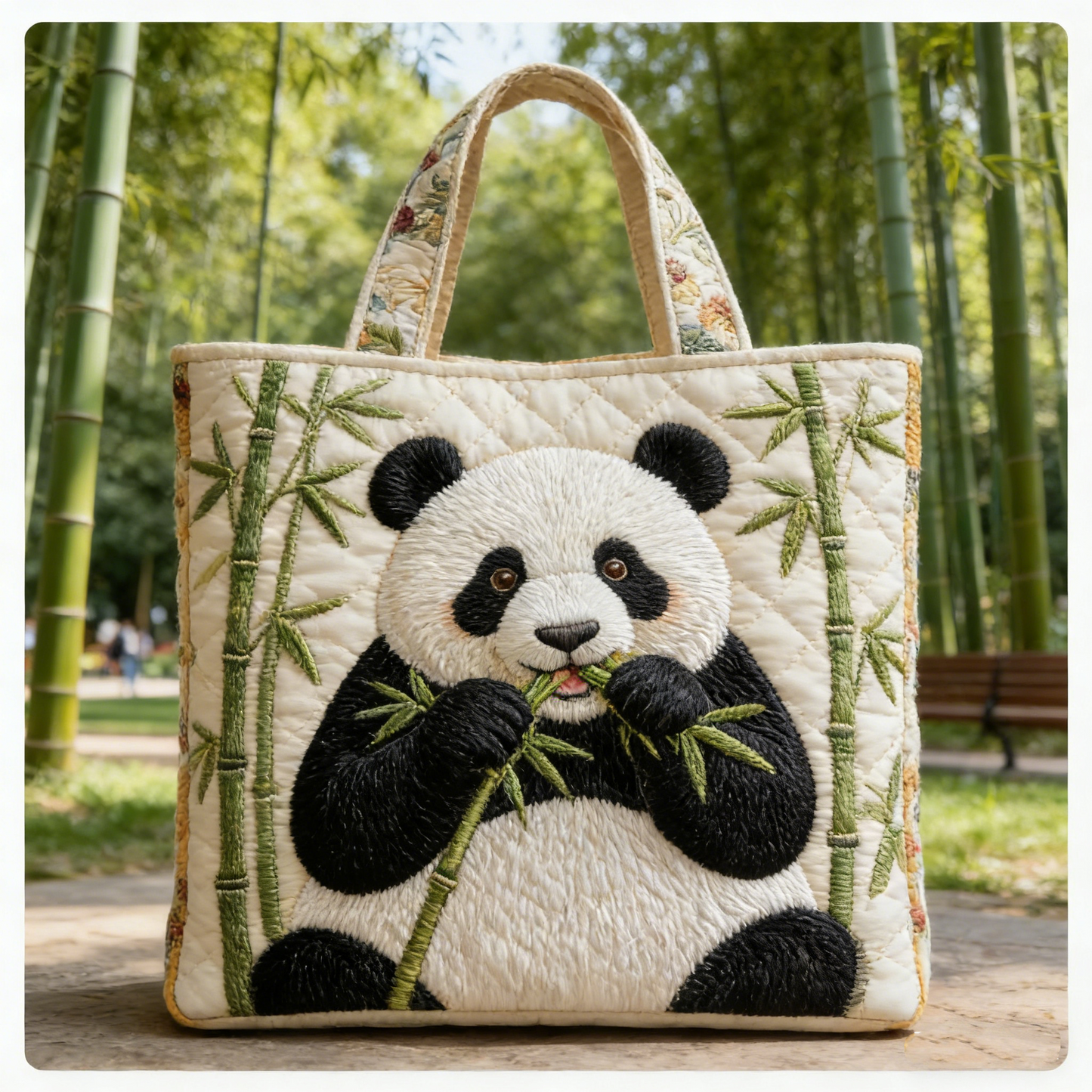 Quilted Panda & Bamboo Tote bag: Adorable Embroidered Pup Eating Bamboo for Daily Carry