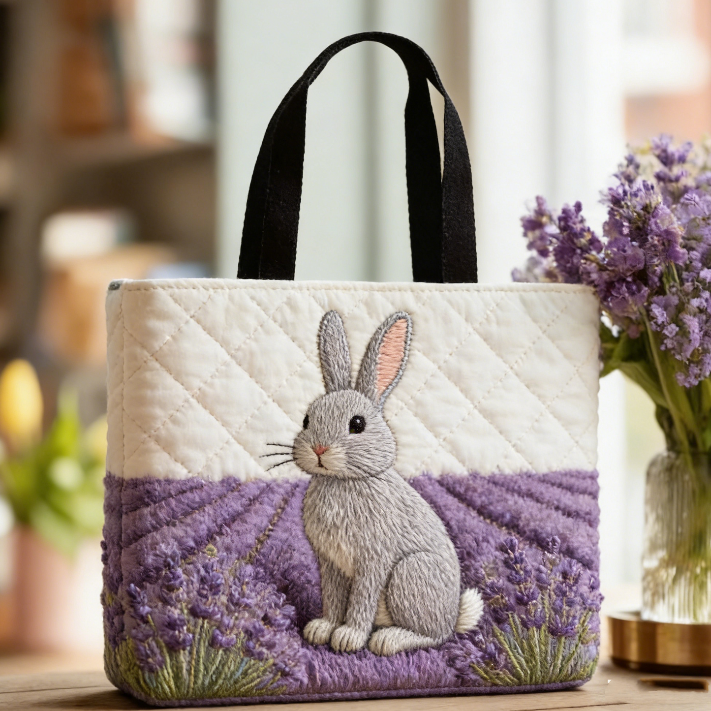Stitched Lavender Bunny Quilted Tote Bag: Soft Purple & White Style with Romantic Vibes