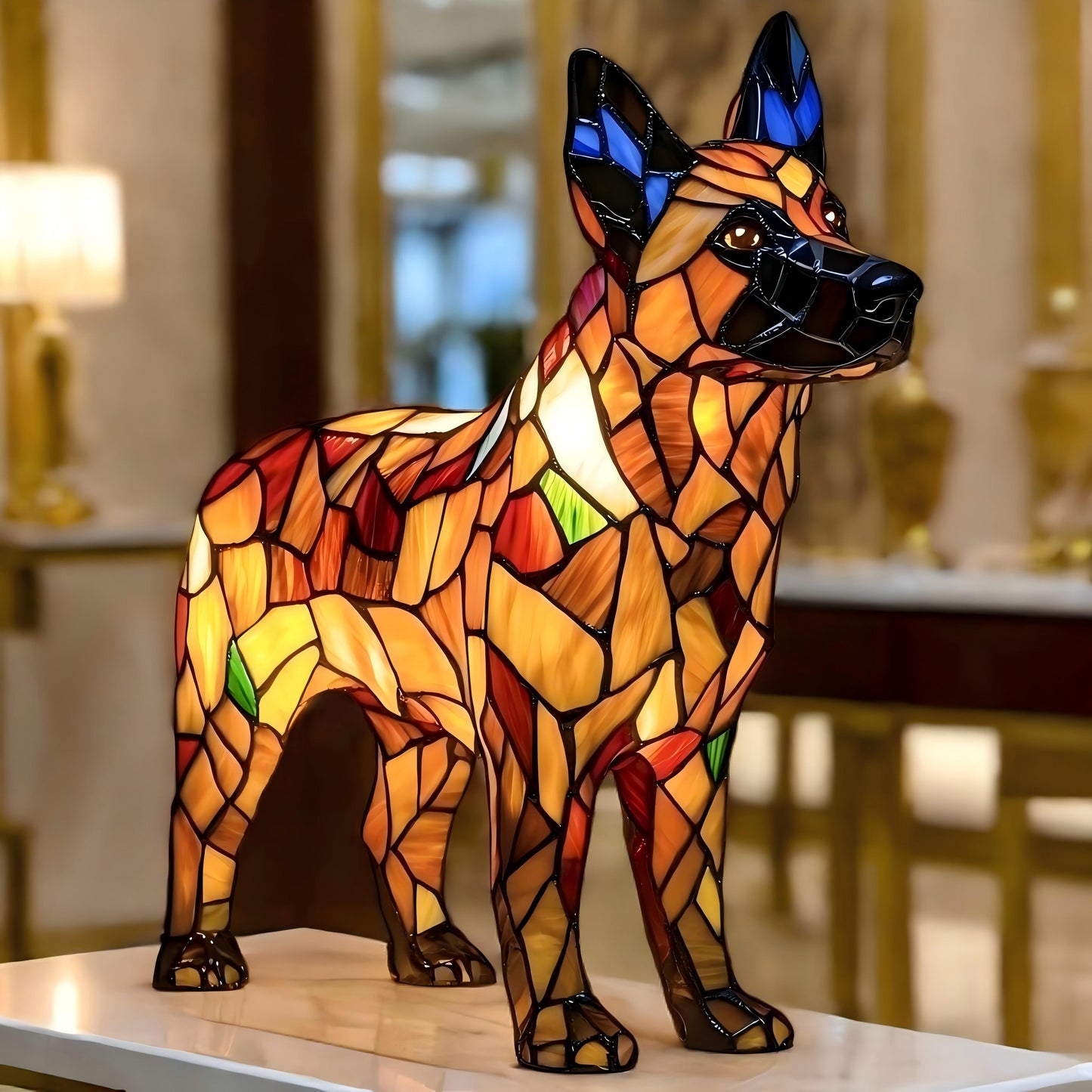 Lampe artistique en résine représentant un berger allemand
