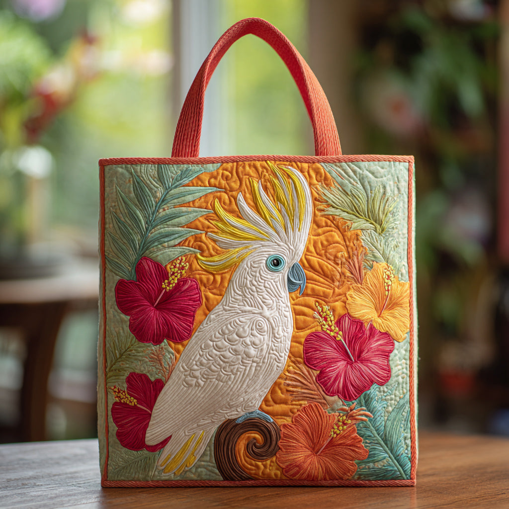 Cockatoo Hibiscus Flowers Quilted Tote Bag