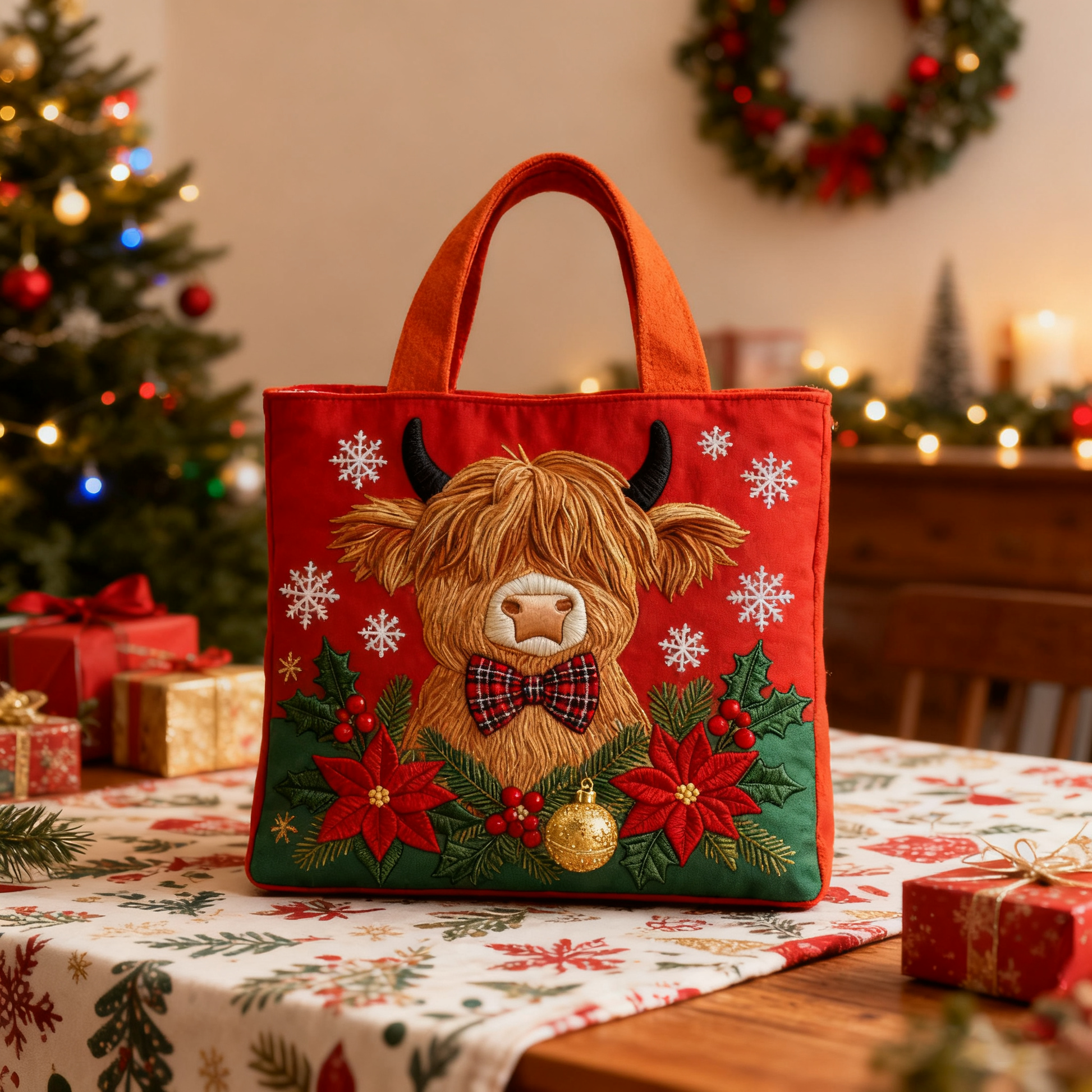 Christmas Highland Cow Quilted Tote Bag  Christmas bag