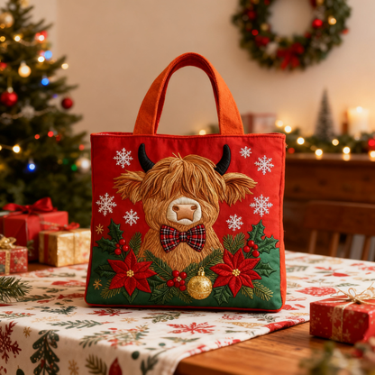 Christmas Highland Cow Quilted Tote Bag  Christmas bag