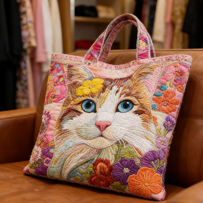 Inspired Floral Cat Quilted Tote Bag