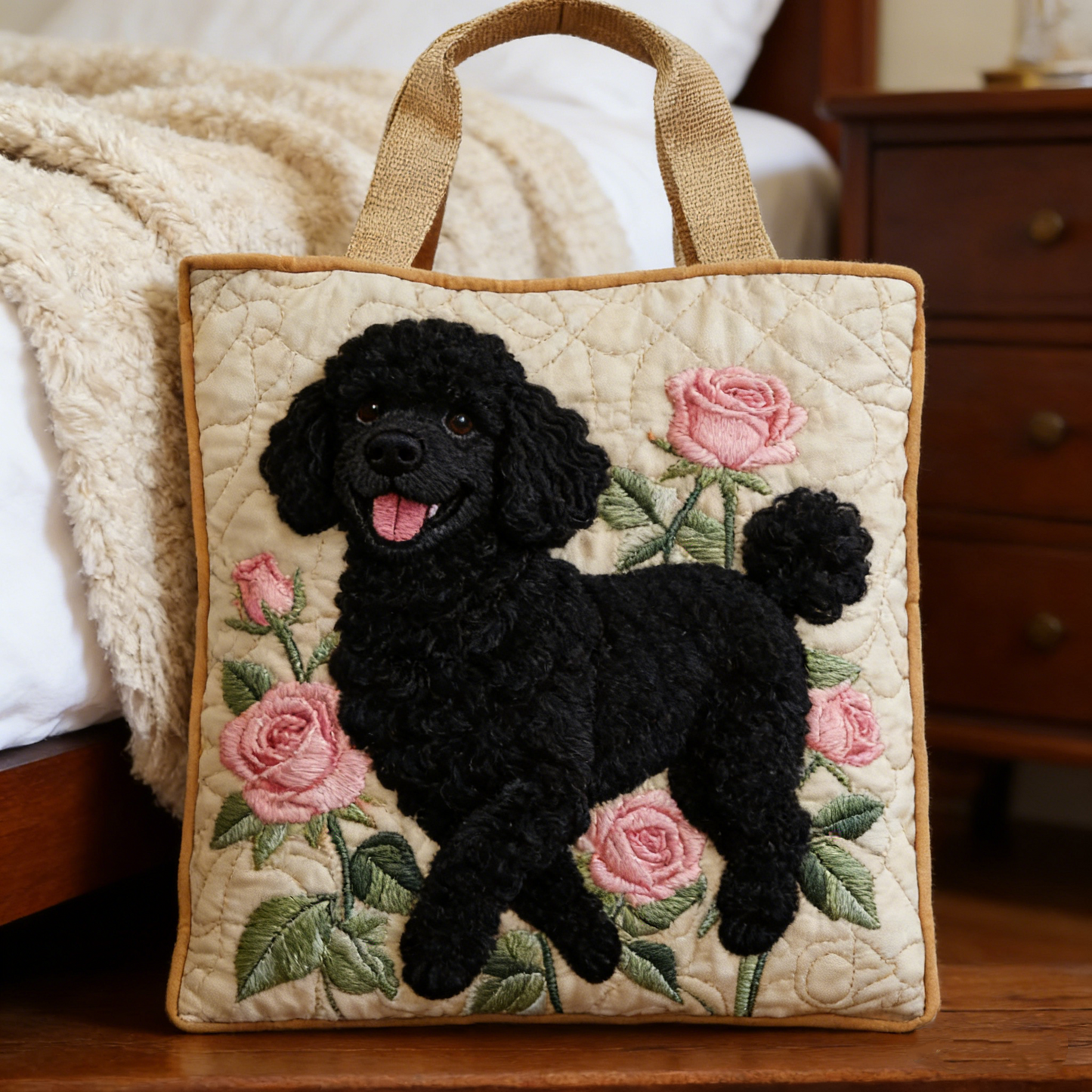 Beige Poodle Rose Quilted Tote Bag