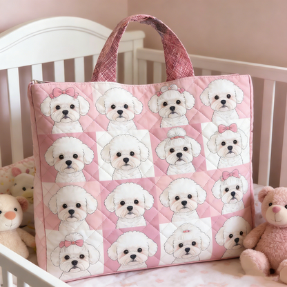 Pink Bow Bichon Quilted Tote Bag
