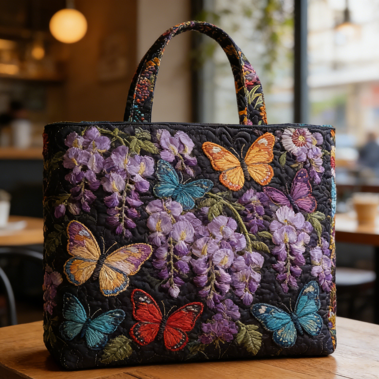 Wisteria Butterfly Quilted Tote Bag