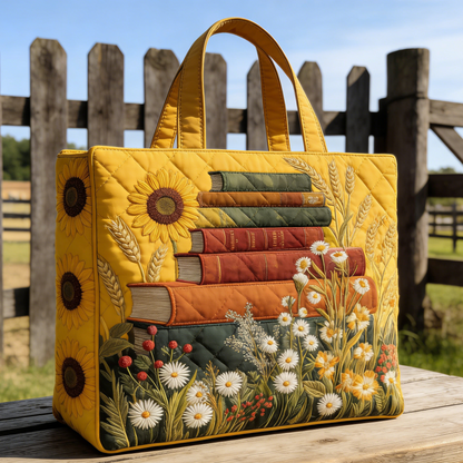 Sunflower-Book Stack Quilted Tote Bag