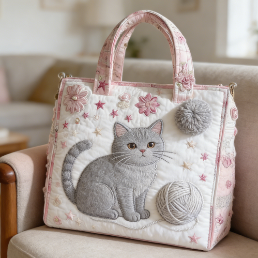 Gray Cat & Yarn Quilted Tote Bag FC50900