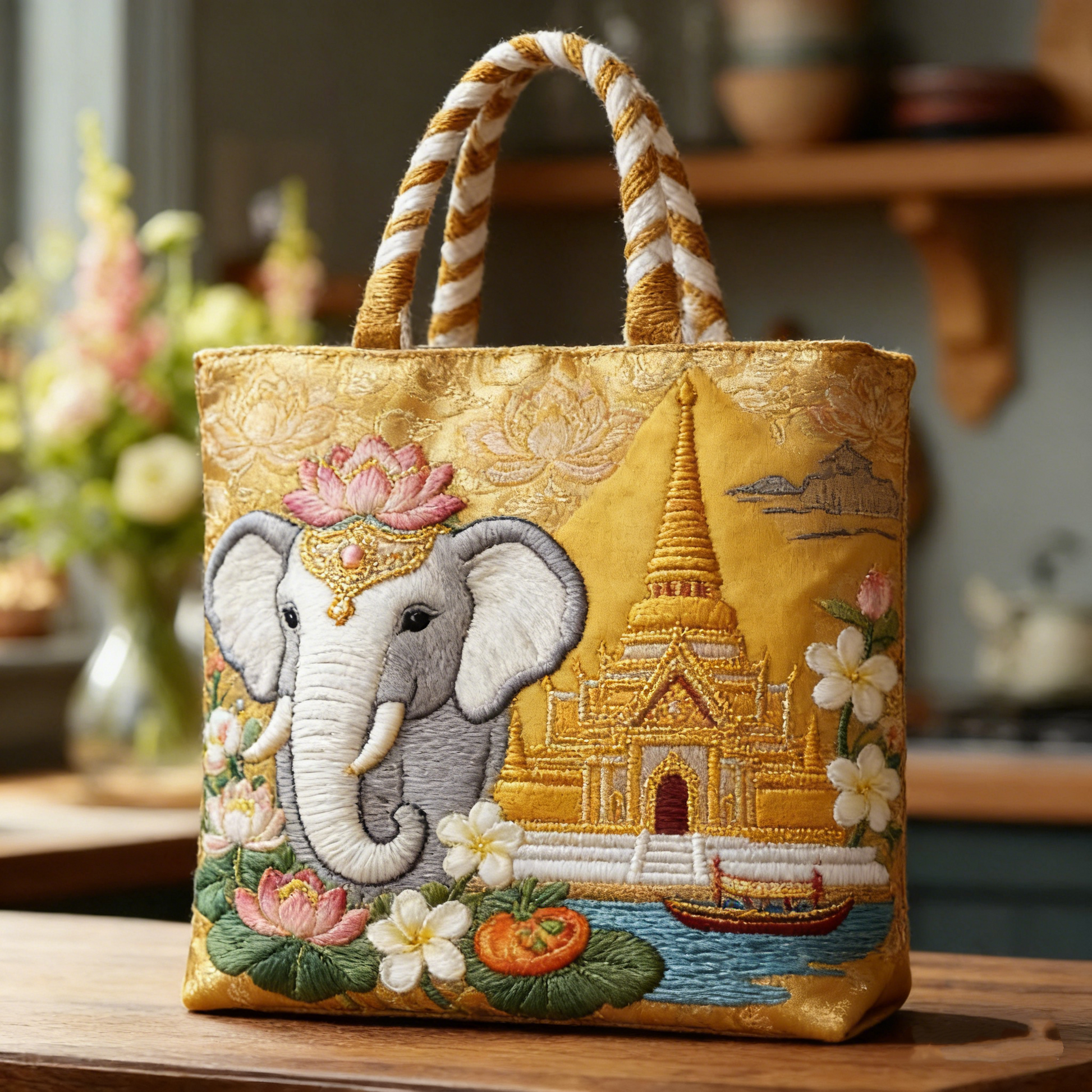 Thai Elephant & Golden Temple Tote Bag