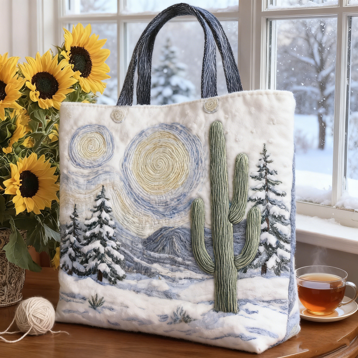 Embroidered Snowy Starry Night Canvas Tote Bag