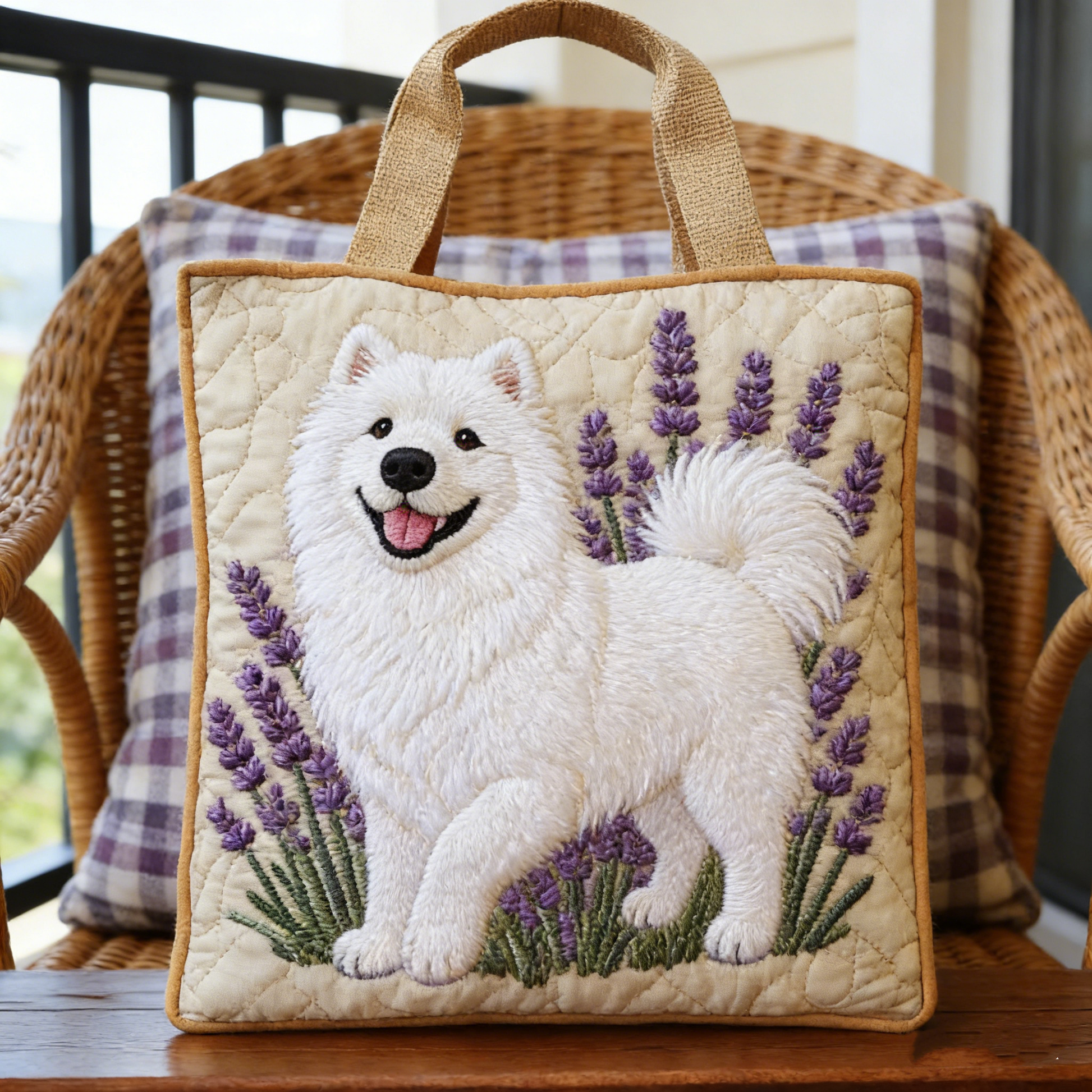 Beige Samoyed Lavender Quilted Tote Bag