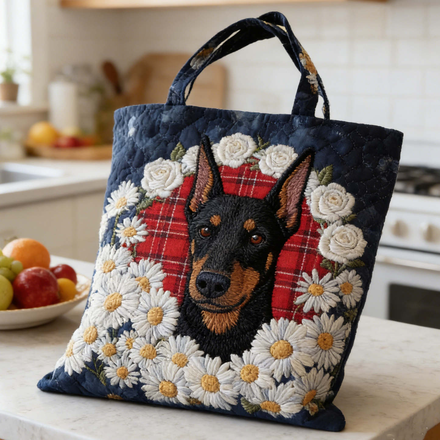 Floral Doberman Quilted Tote Bag