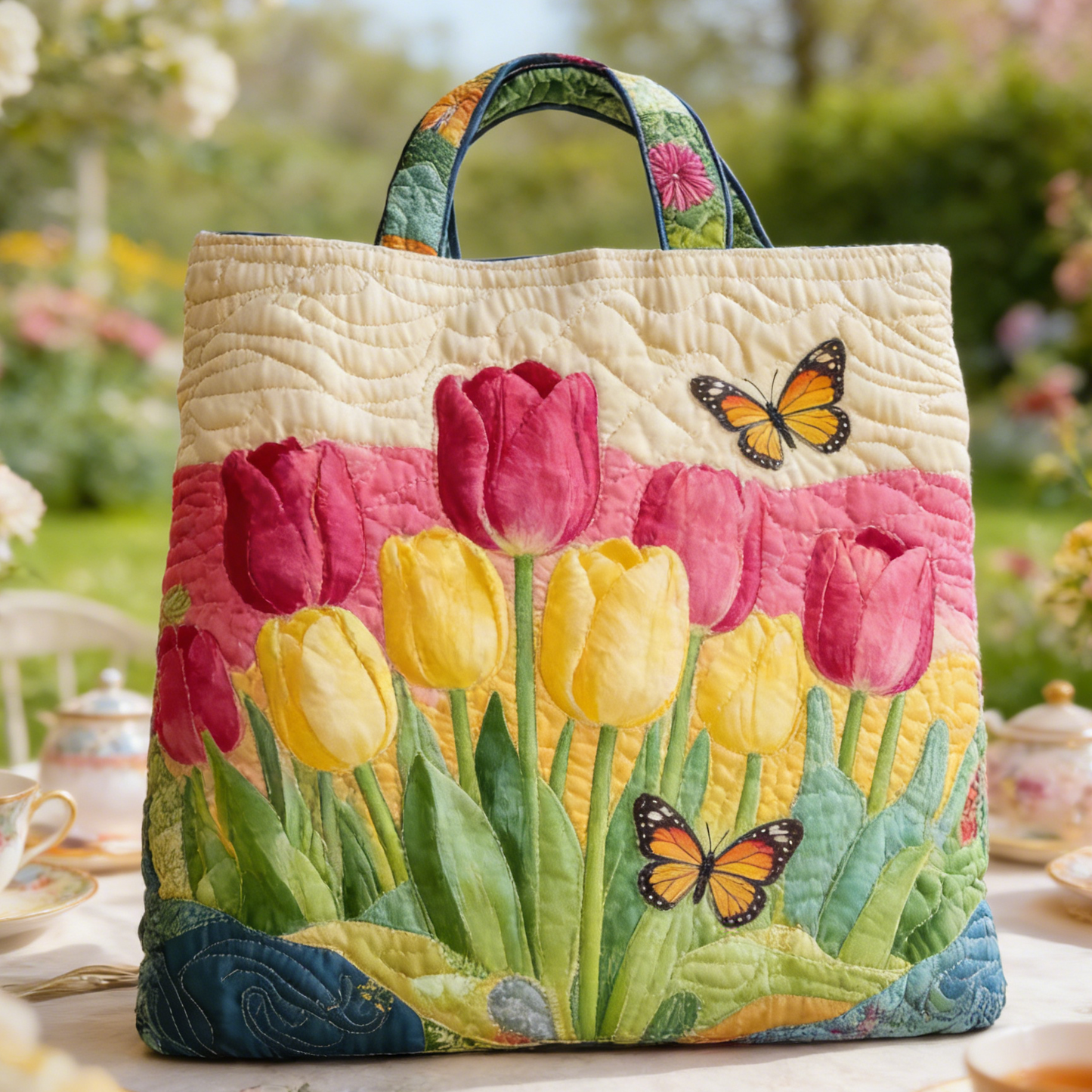 Tea Garden Inspired Tulip Quilted Tote Bag