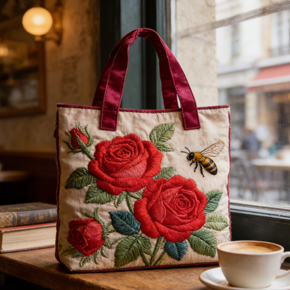 Vintage Rose & Bee Embroidered Tote Bag