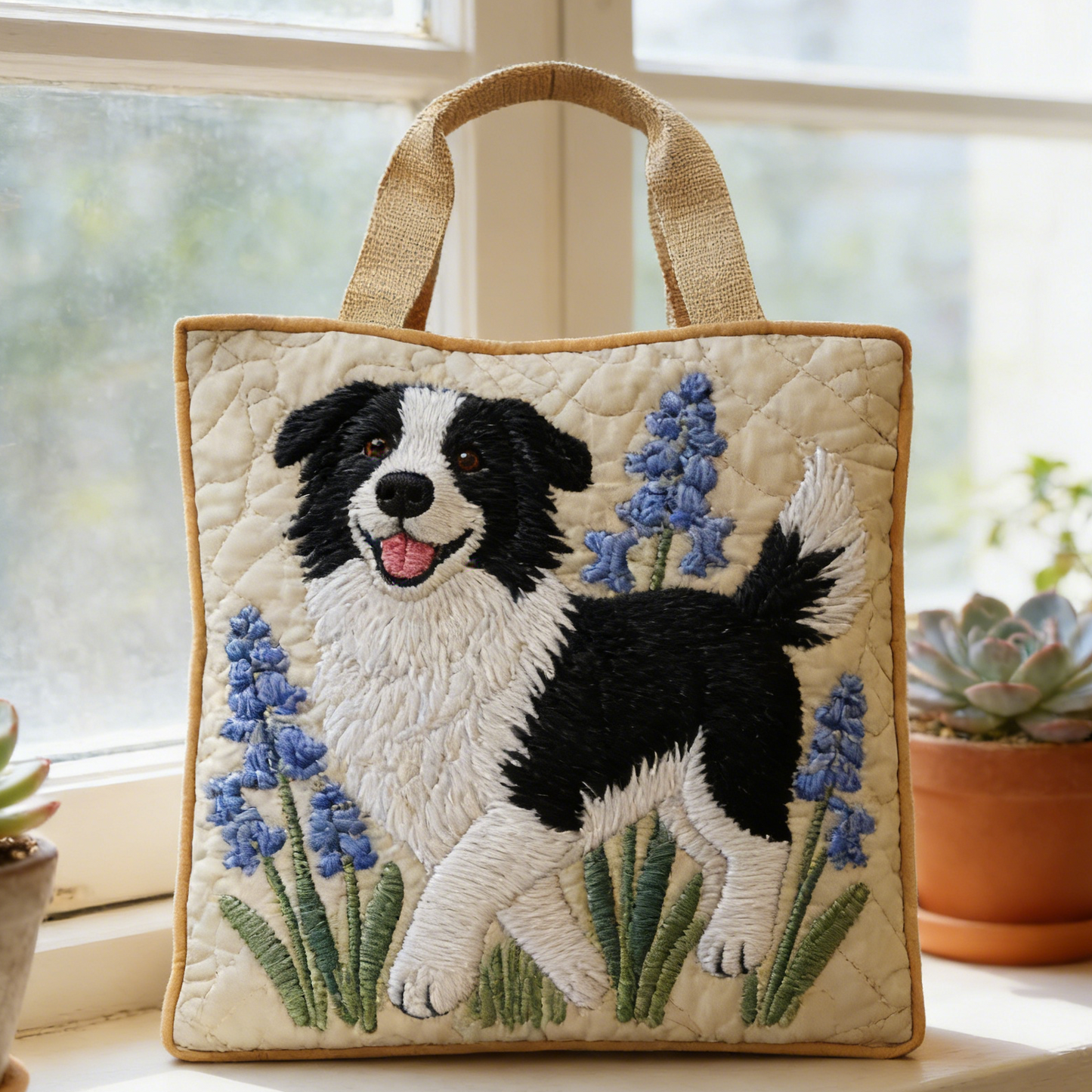 Beige Border Collie Hyacinth Quilted Tote Bag