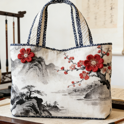 Oriental Plum Blossom Quilted Tote Bag