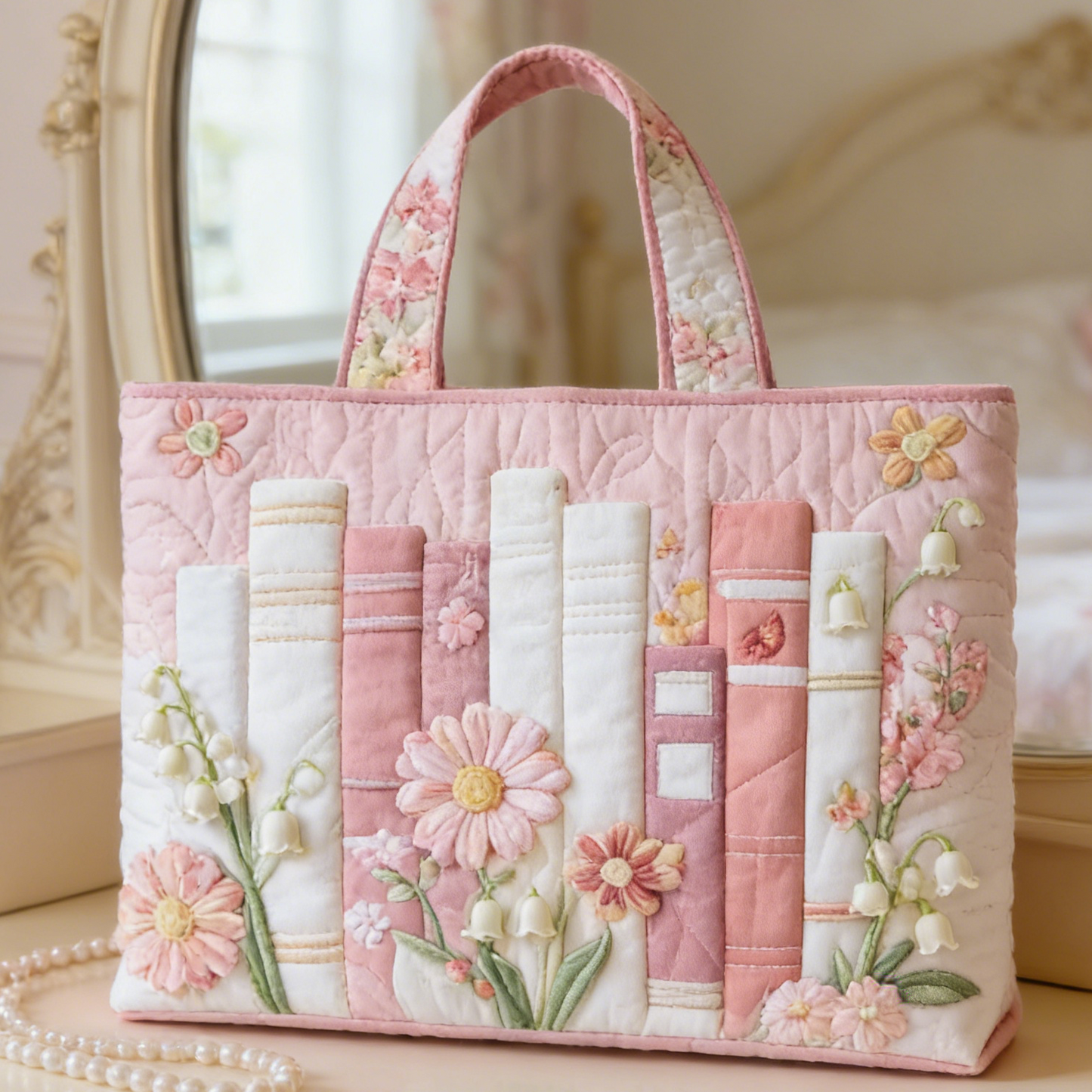 Blush Book & Bloom Quilted Tote Bag