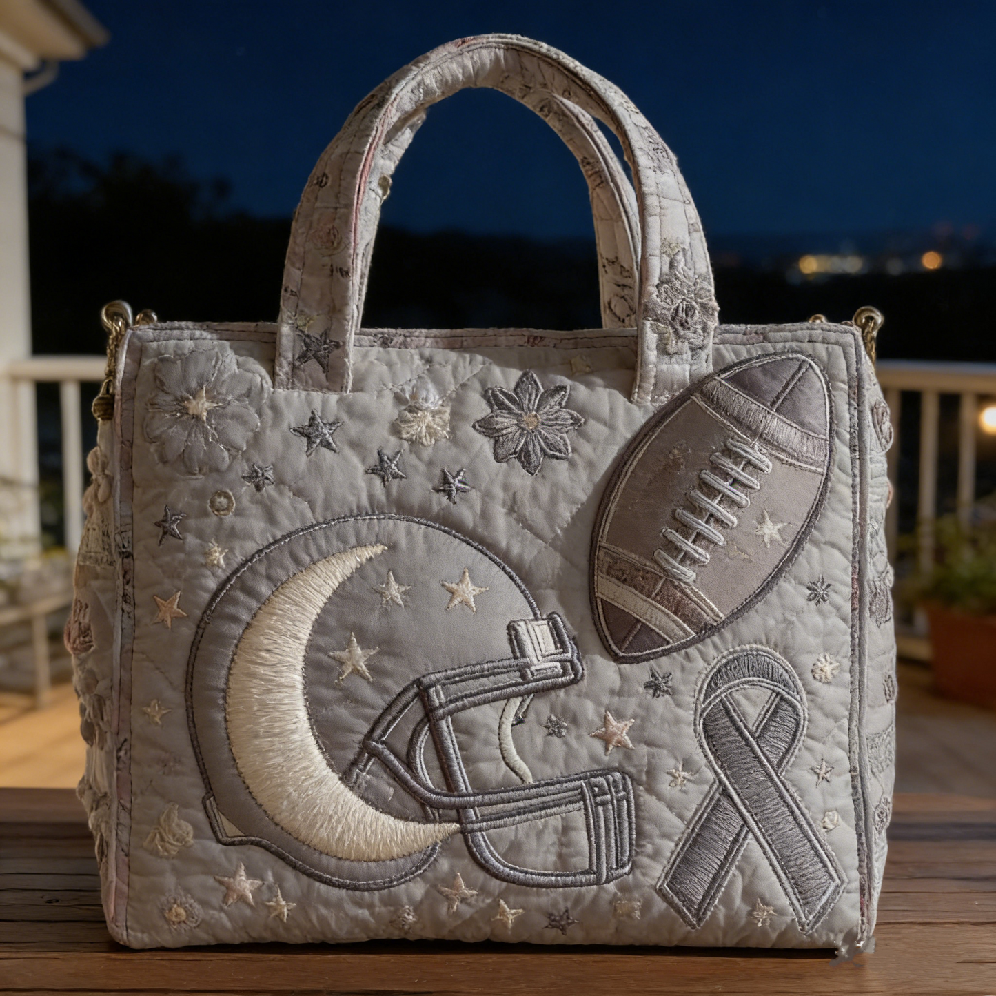 Neutral Football & Gray Ribbon Quilted Tote Bag