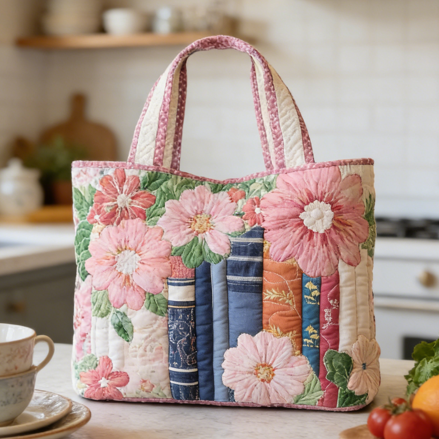 Pink Floral Book Quilted Tote Bag