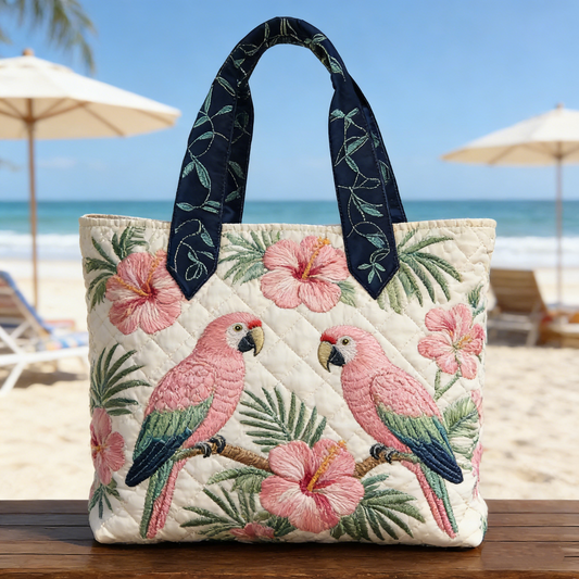 Pink Parrot & Hibiscus Quilted Tote Bag