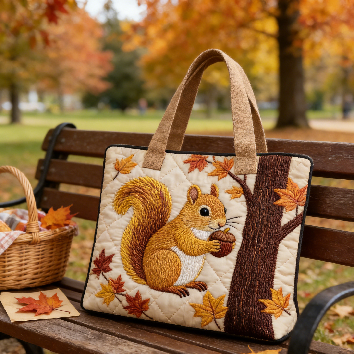 Fall Forest Squirrel Quilted Tote Bag