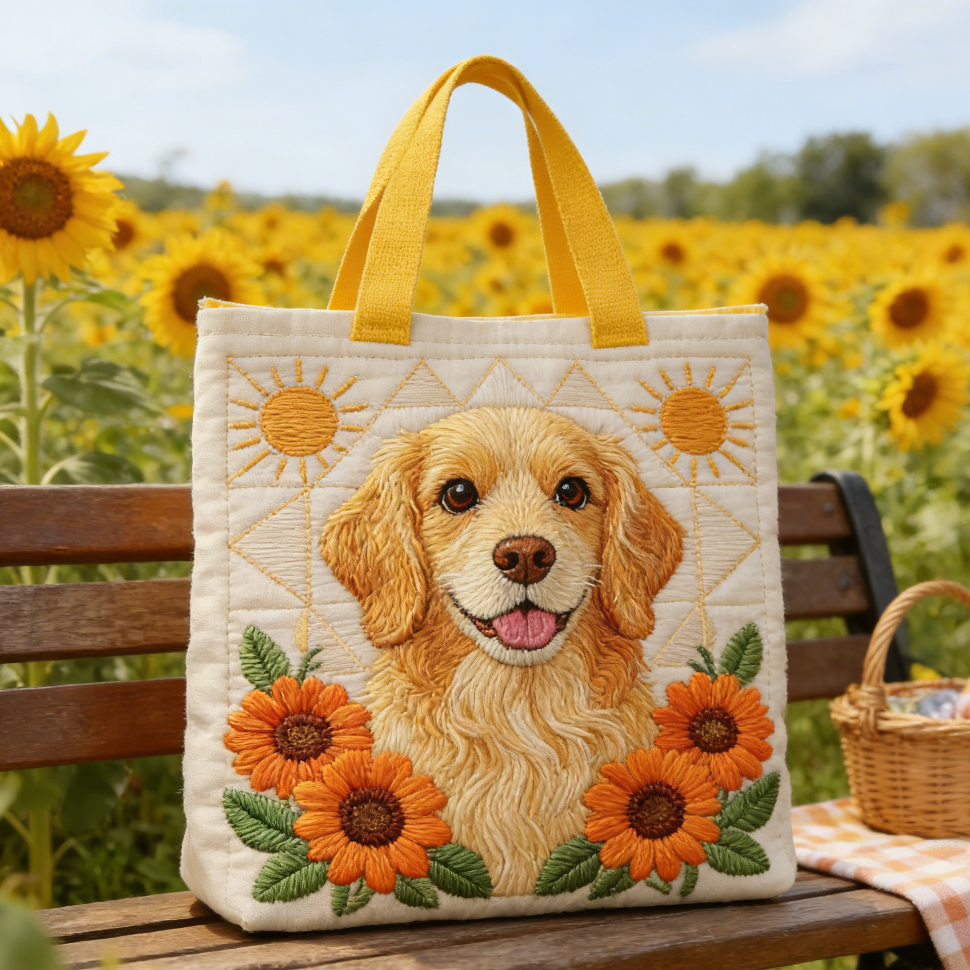 Sunflower Field Pet Embroidery Tote Bag