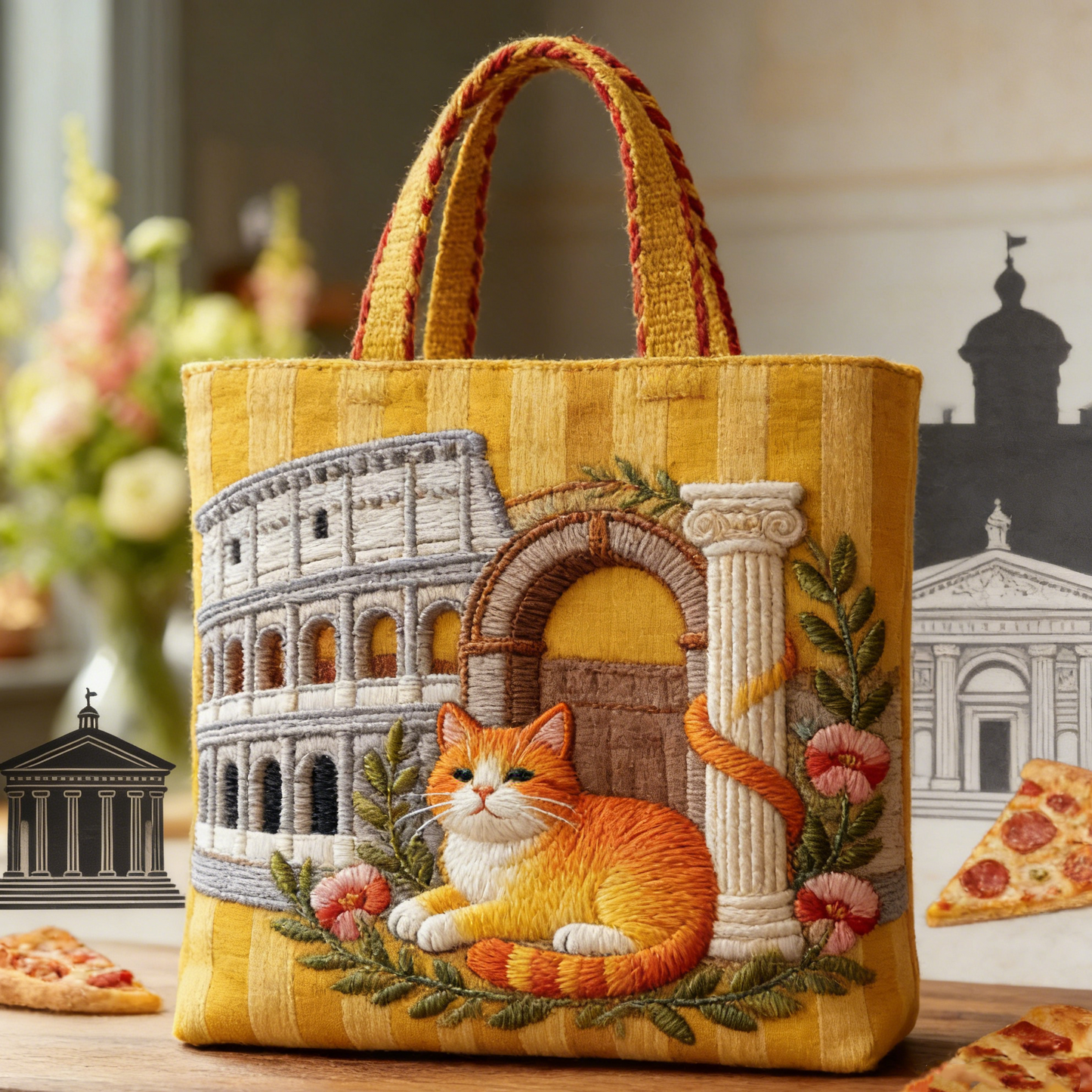 Quilted Roman Colosseum & Cat Tote Bag