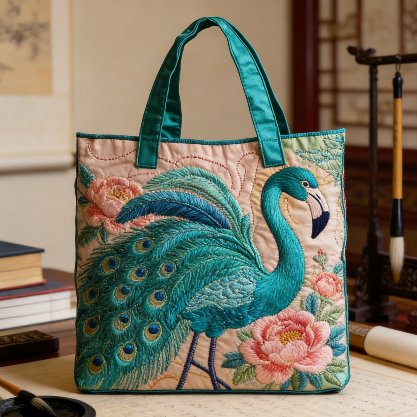 Oriental Flamingo Quilted Tote Bag