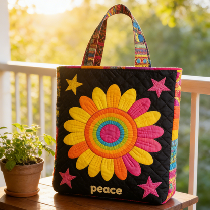 Rainbow Daisy & Peace Quilted Tote Bag