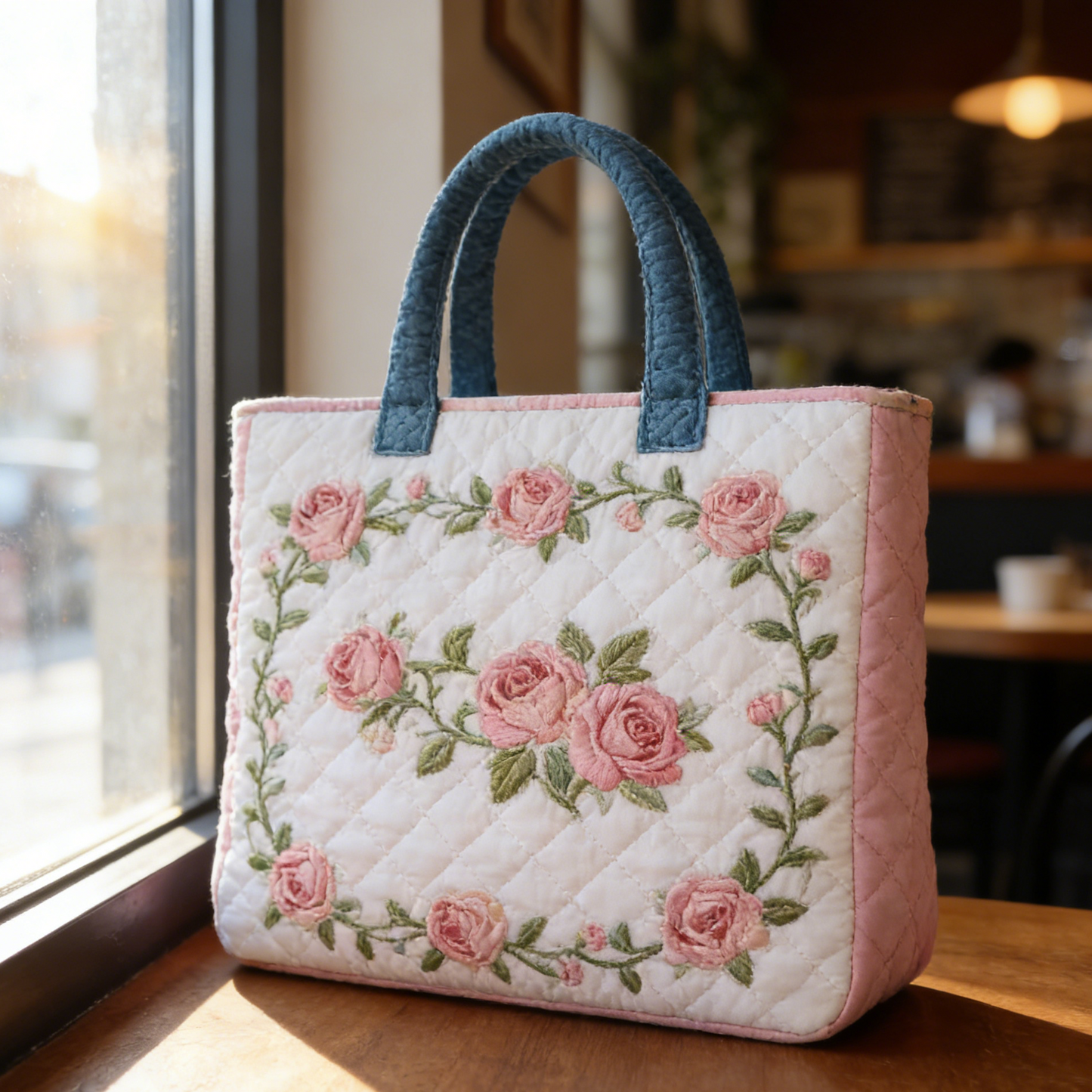 White & Blush Rose Quilted Tote Bag