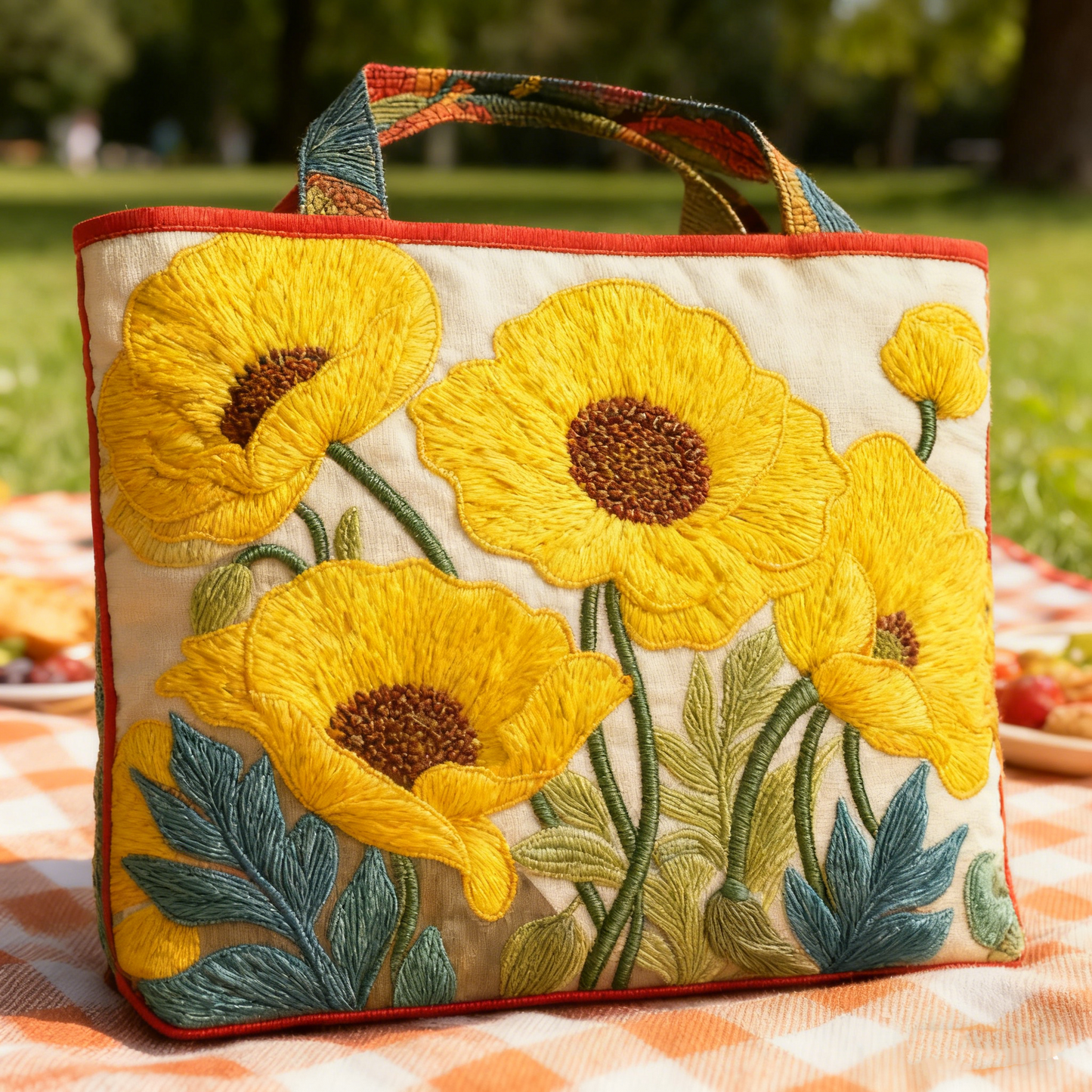 Embroidered Yellow Poppy Canvas Tote Bag