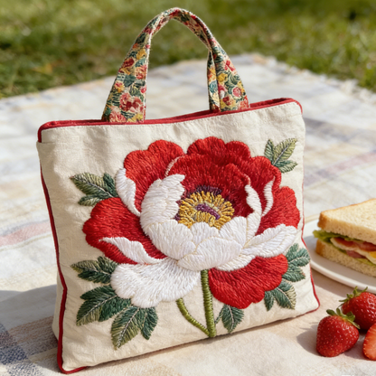 Red & White Peony Quilted Tote Bag