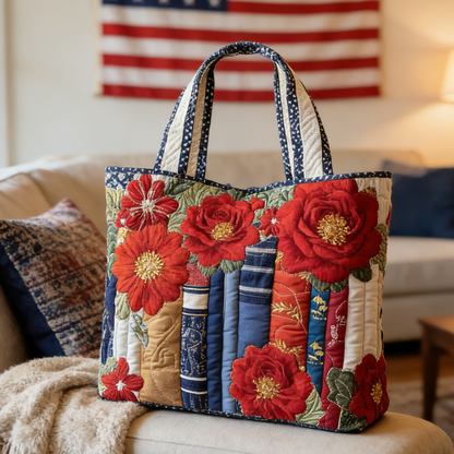 Red Rose Book Quilted Tote Bag