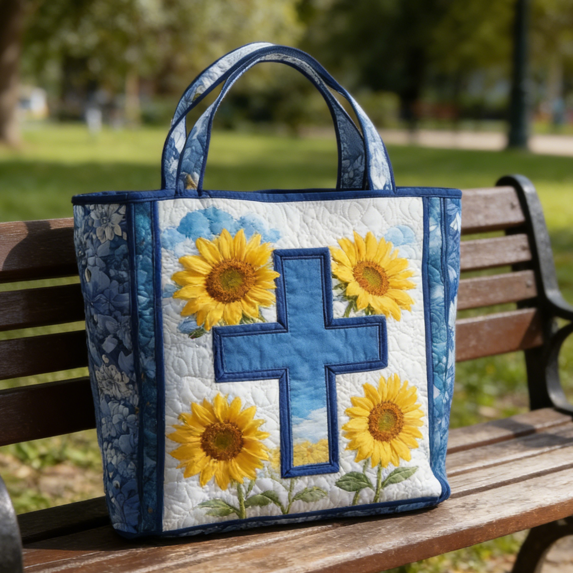 Warm Cross Sunflower Quilted Tote Bag