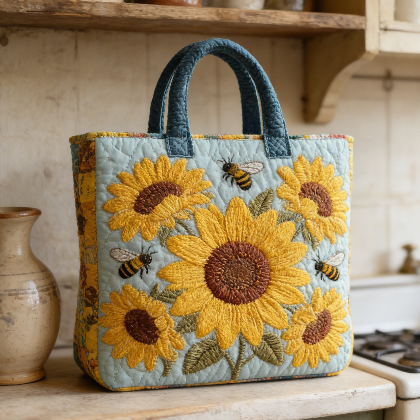 Sunflower & Bee Quilted Tote Bag