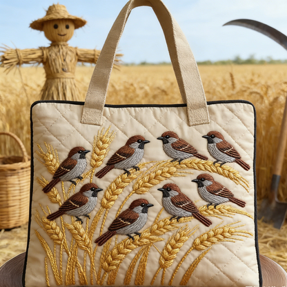 Harvest Field Sparrow Quilted Tote Bag