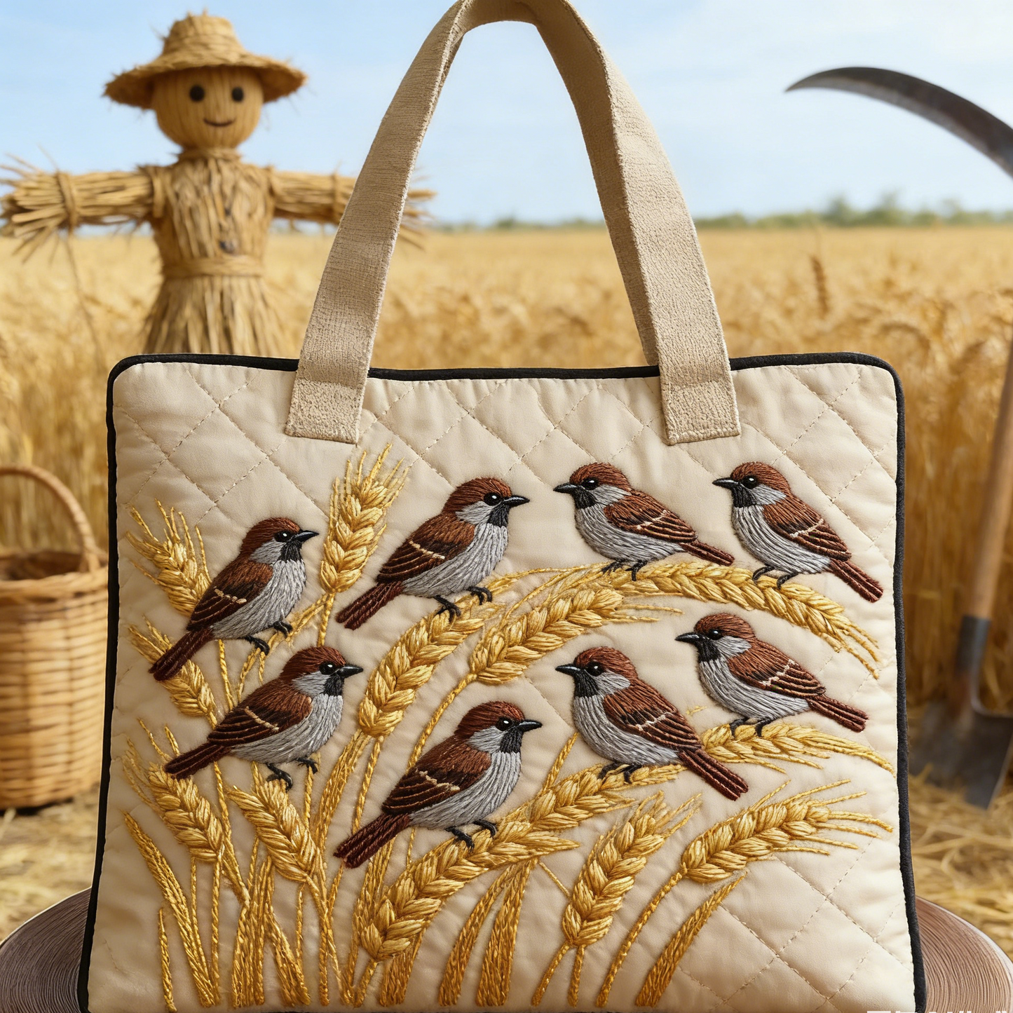 Harvest Field Sparrow Quilted Tote Bag