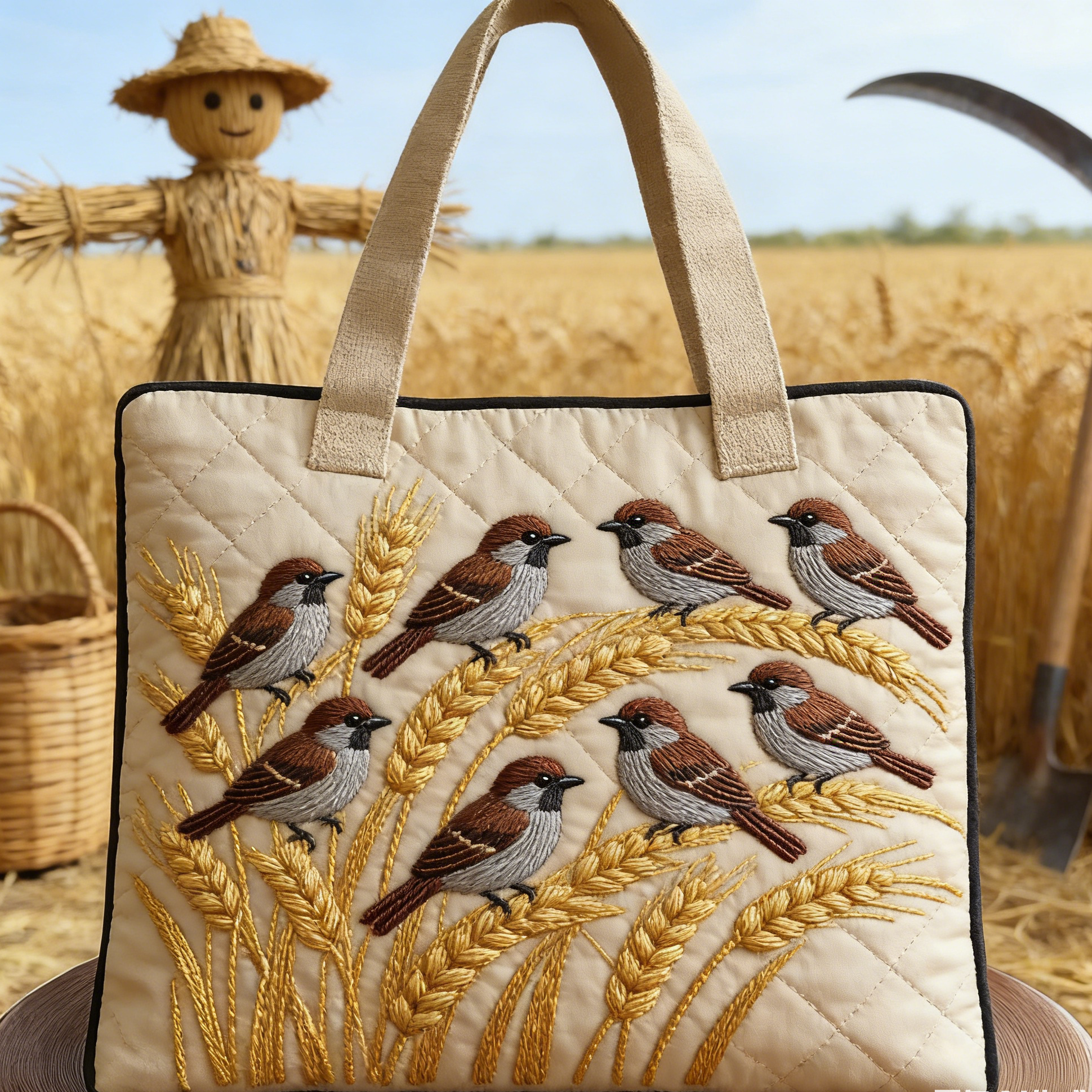 Harvest Field Sparrow Quilted Tote Bag