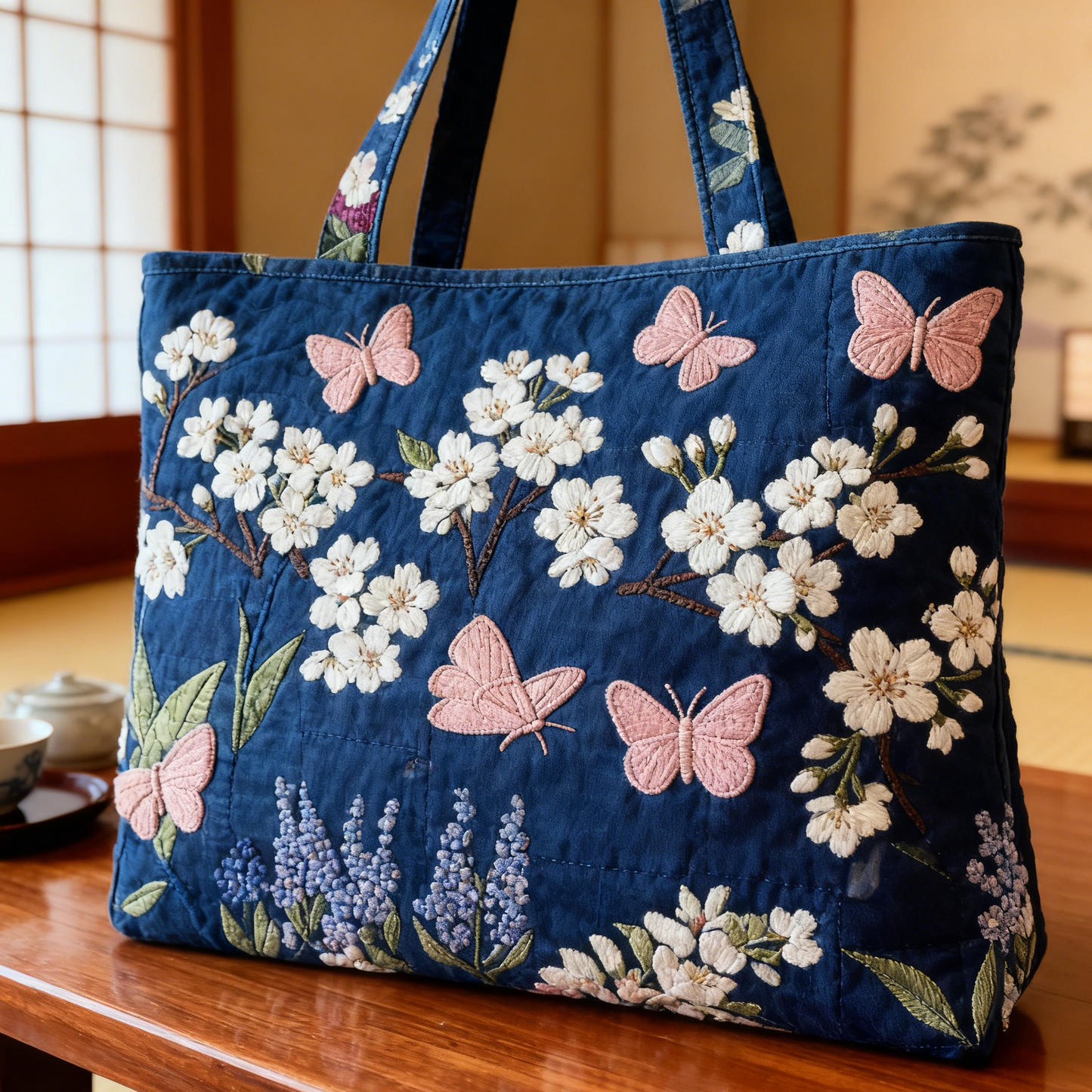 Embroidered Sakura & Butterfly Tote Bag