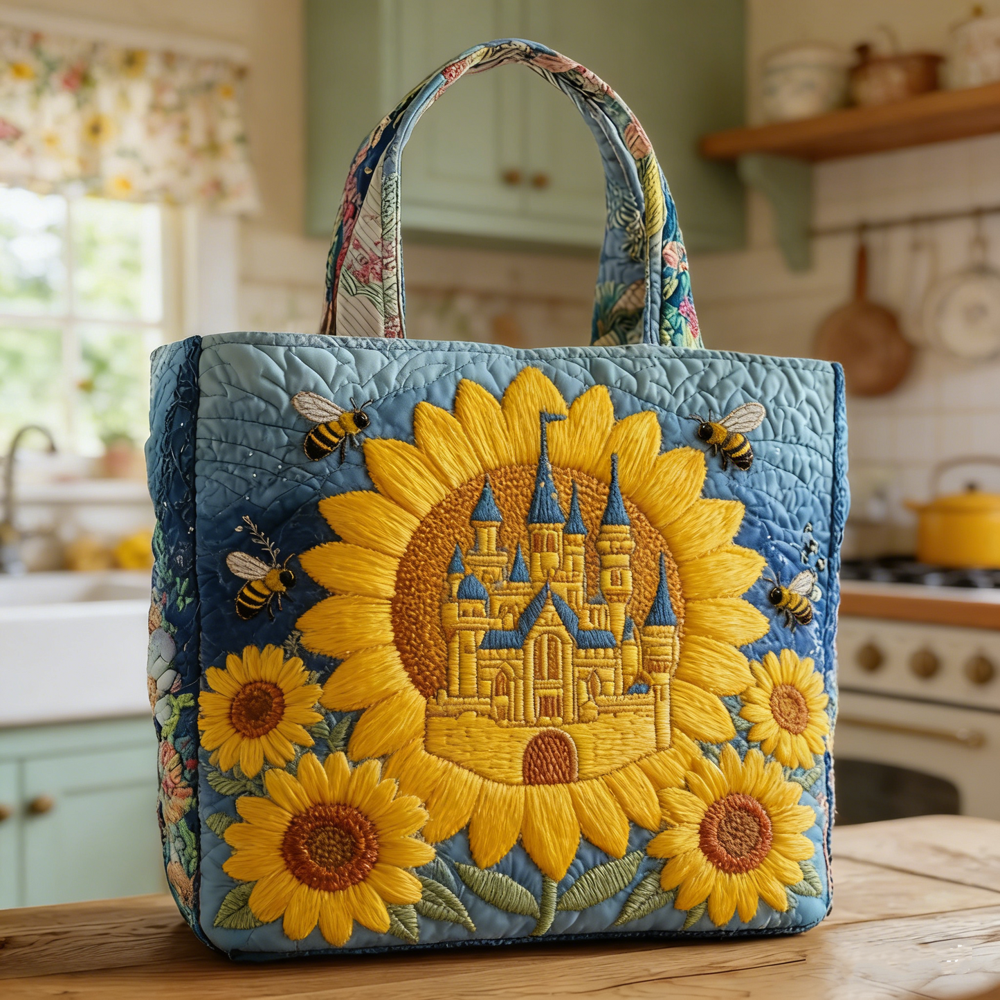 Sunflower Castle Quilted Tote Bag