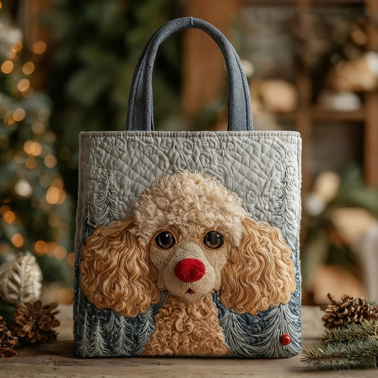Holiday Reindeer Poodle Apricot Quilted Tote Bag