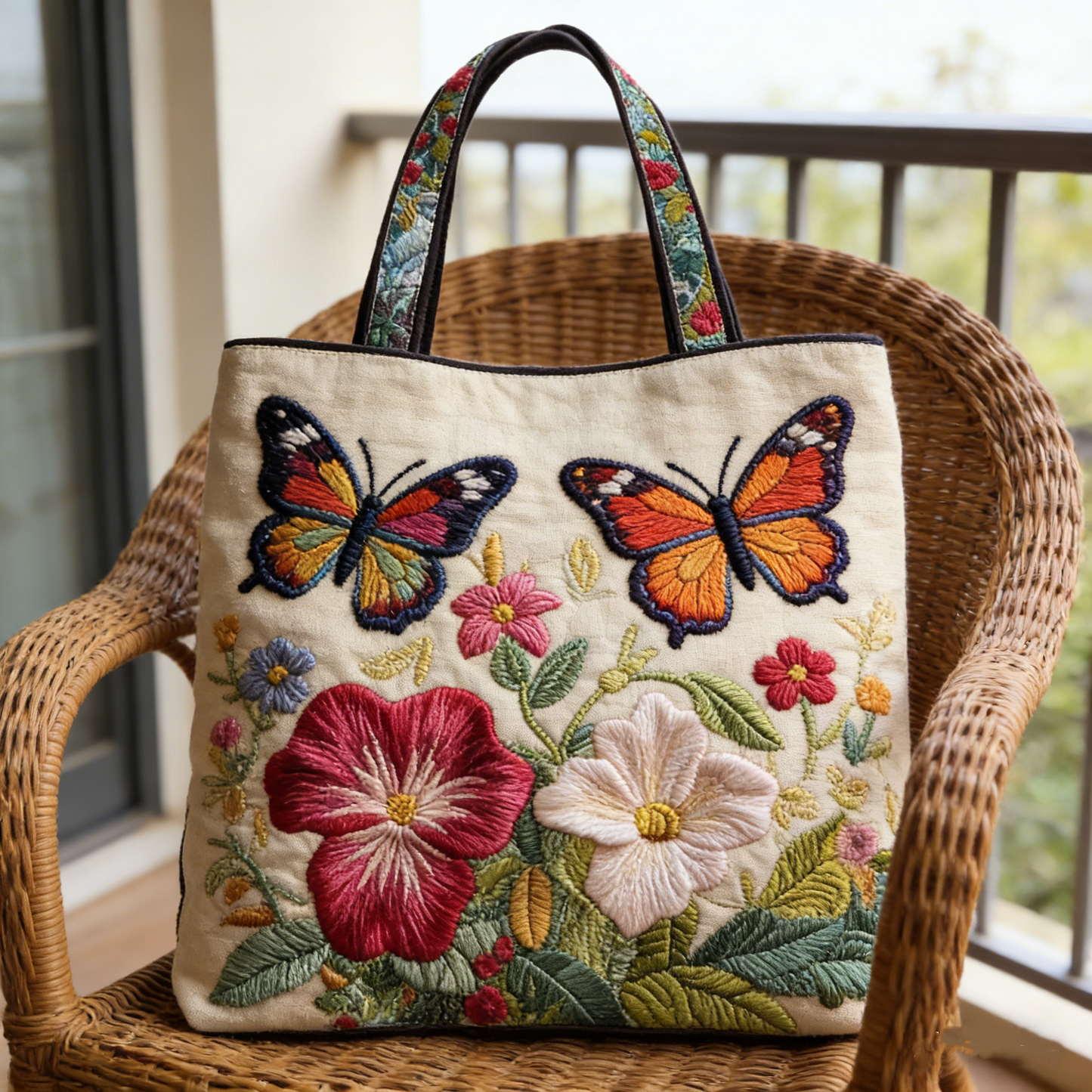 Vibrant Floral Butterfly Quilted Tote Bag