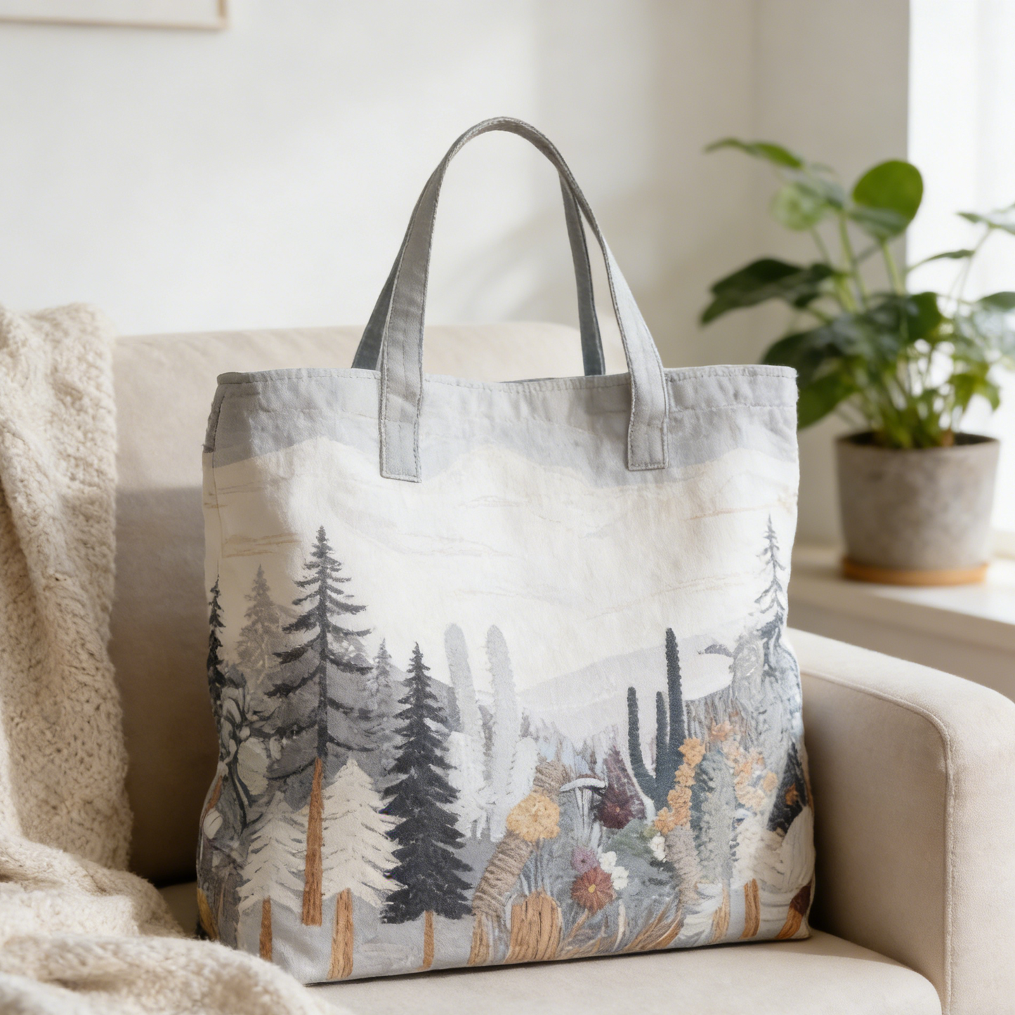 Minimalist Pine Cactus Quilted Tote Bag