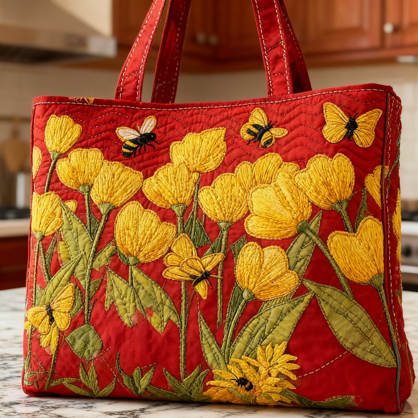 Embroidered Yellow Tulip & Bee Tote Bag