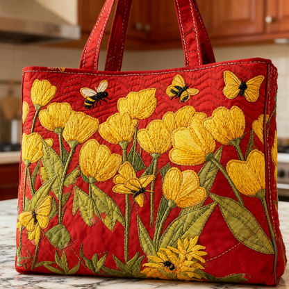 Embroidered Yellow Tulip & Bee Canvas Tote Bag