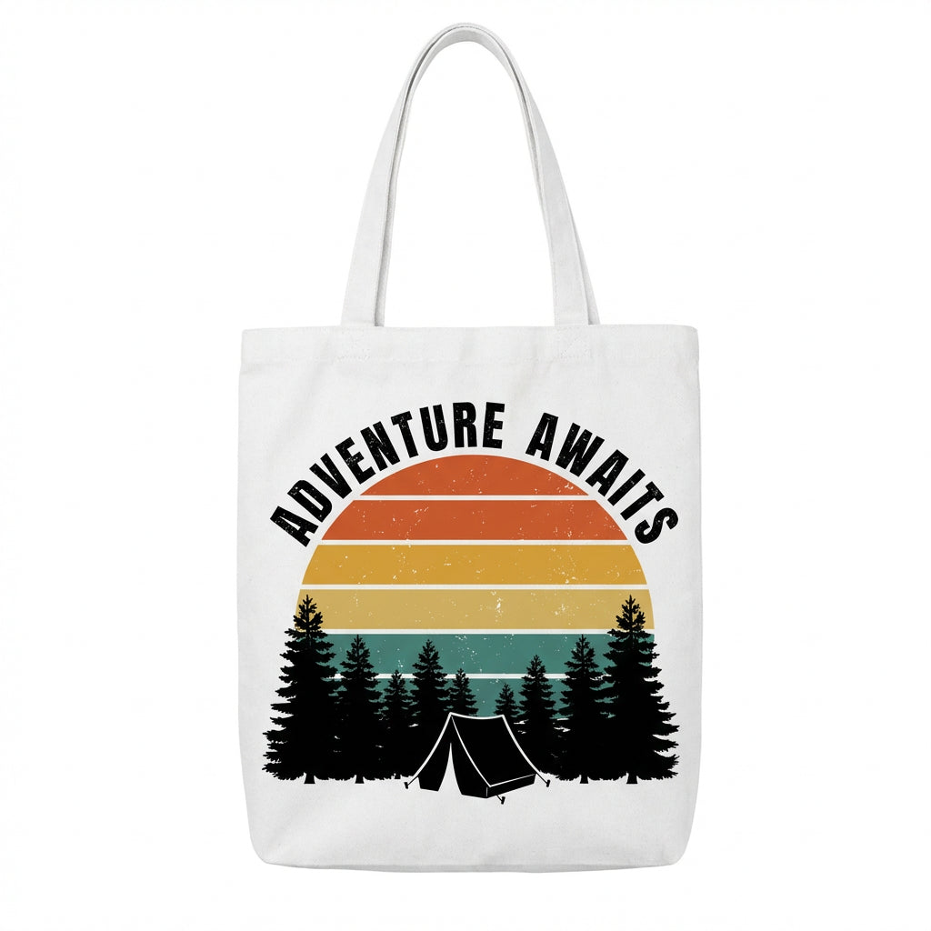 Retro Sunset 'Adventure Awaits' | Durable Gear for the Modern Explorer Canvas Tote Bag