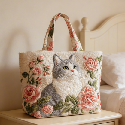 Sweet Cat Rose Quilted Tote Bag